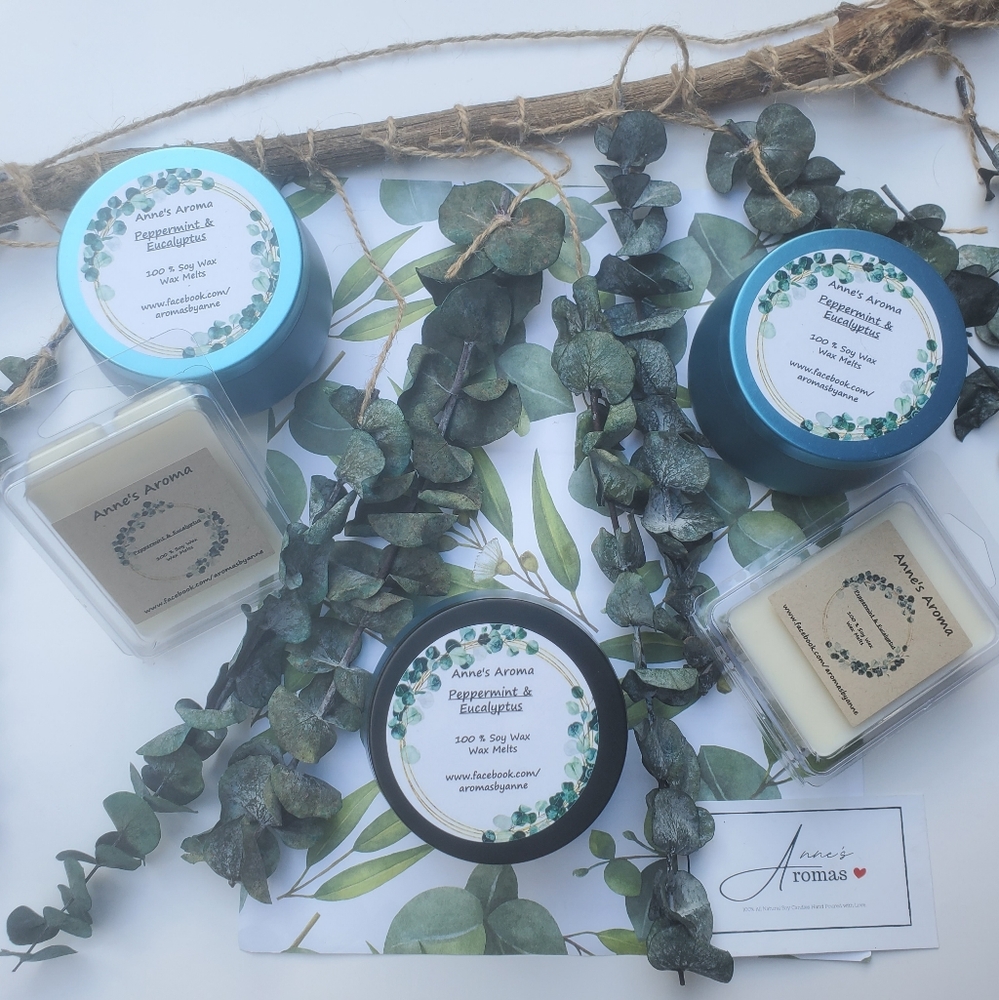 Anne's Aroma Peppermint and Eucalyptus candles and wax melts